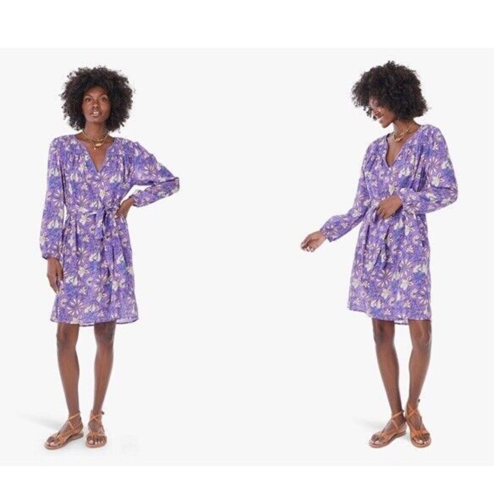 XIRENA Nyssa Purple Gaze Floral Long Sleeve V-Neck‎ Smocked Mini Dress Cotton S